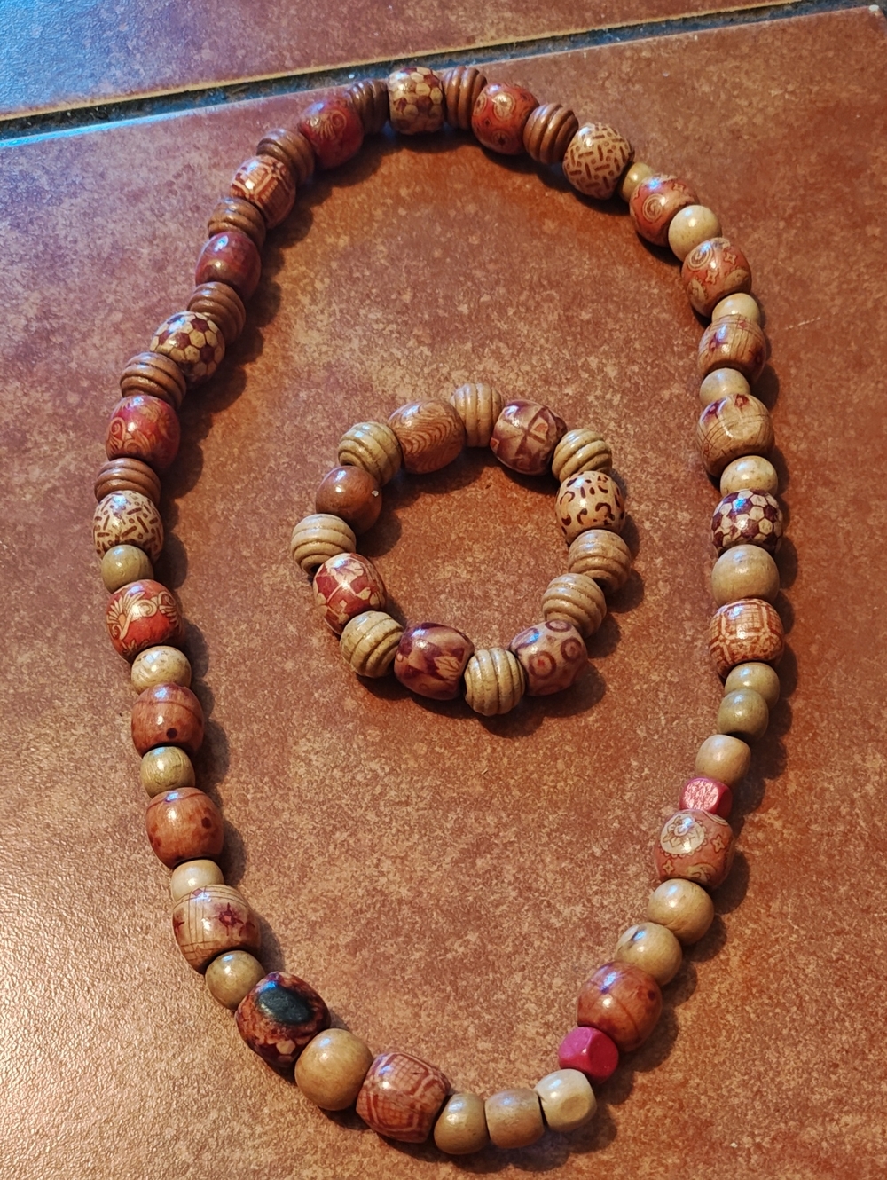 Handcrafted Wooden Bead Necklace & Bracelet Set - Red & Natural